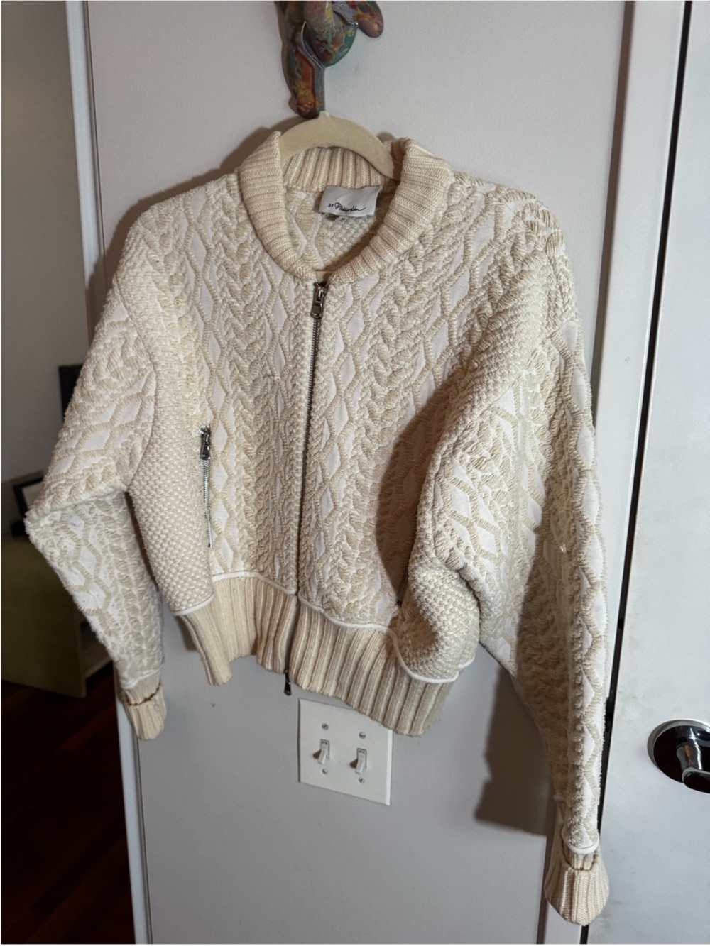 3.1 Phillip Lim Cream Cable Knit Full Zip Cardigan Zip Pockets Size M - Picture 3 of 6